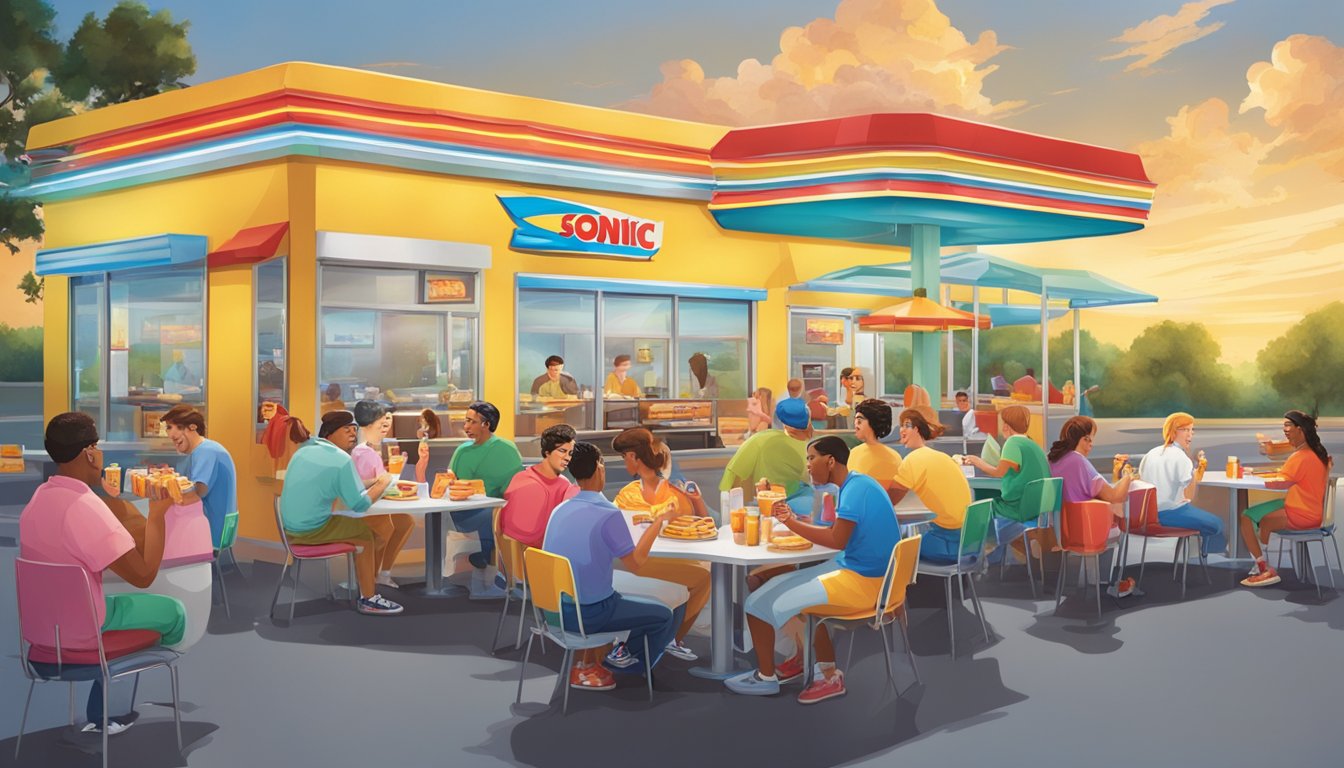 A group of people enjoying a variety of breakfast items at a Sonic drive-in, with happy expressions and a colorful, inviting atmosphere