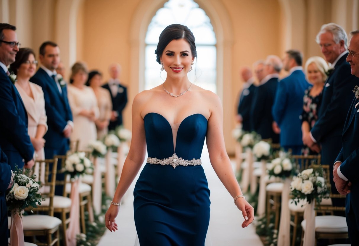 A woman in elegant attire walking down the aisle with grace and poise