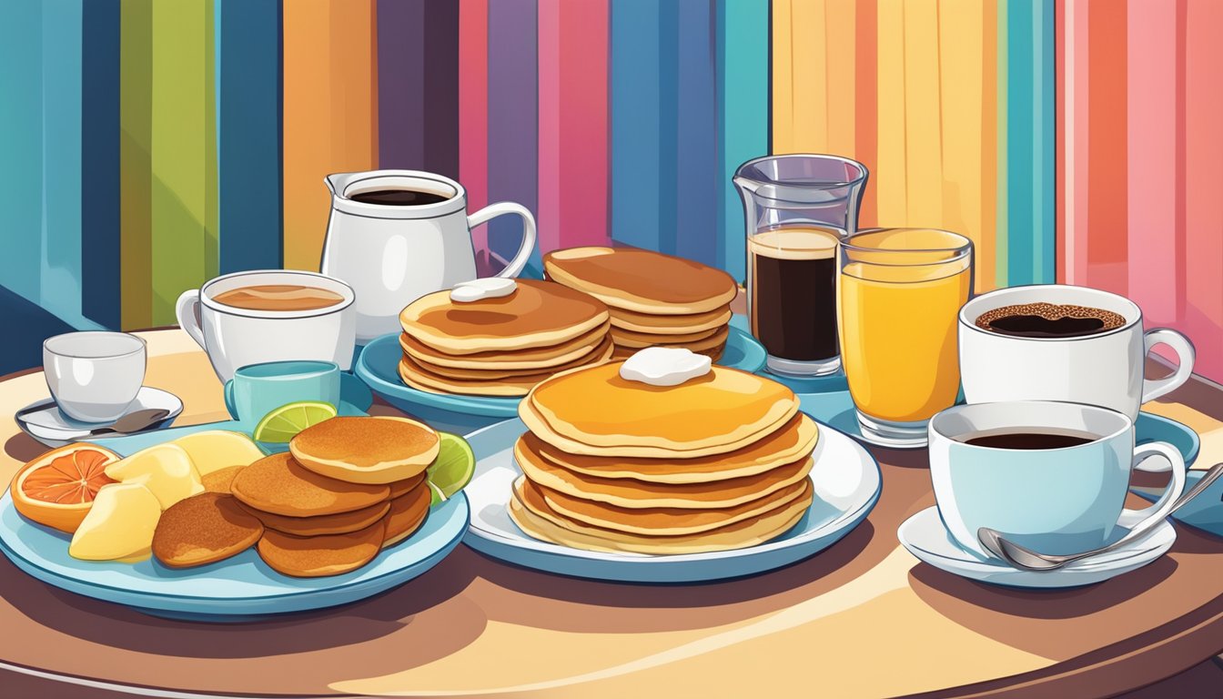 A table set with a vibrant breakfast spread, including pancakes, eggs, and coffee, with a colorful backdrop and natural lighting