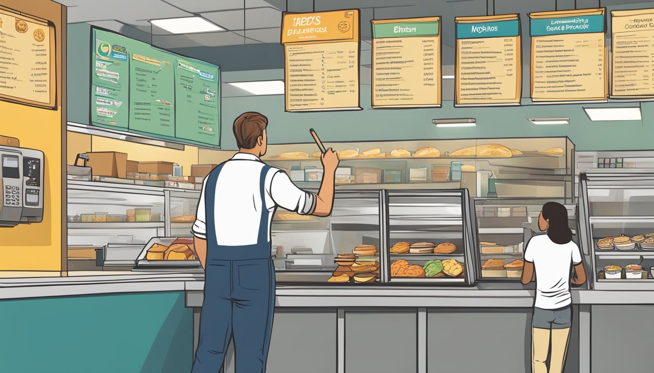 A customer pointing to a menu board with various breakfast options, while a Sonic employee takes notes and nods attentively