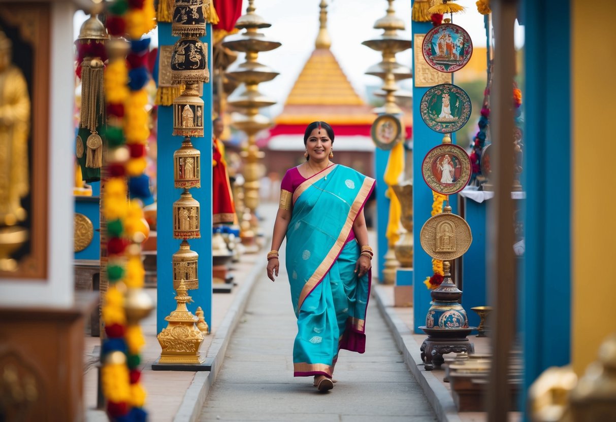A woman in traditional attire walks down a path lined with religious symbols and cultural artifacts