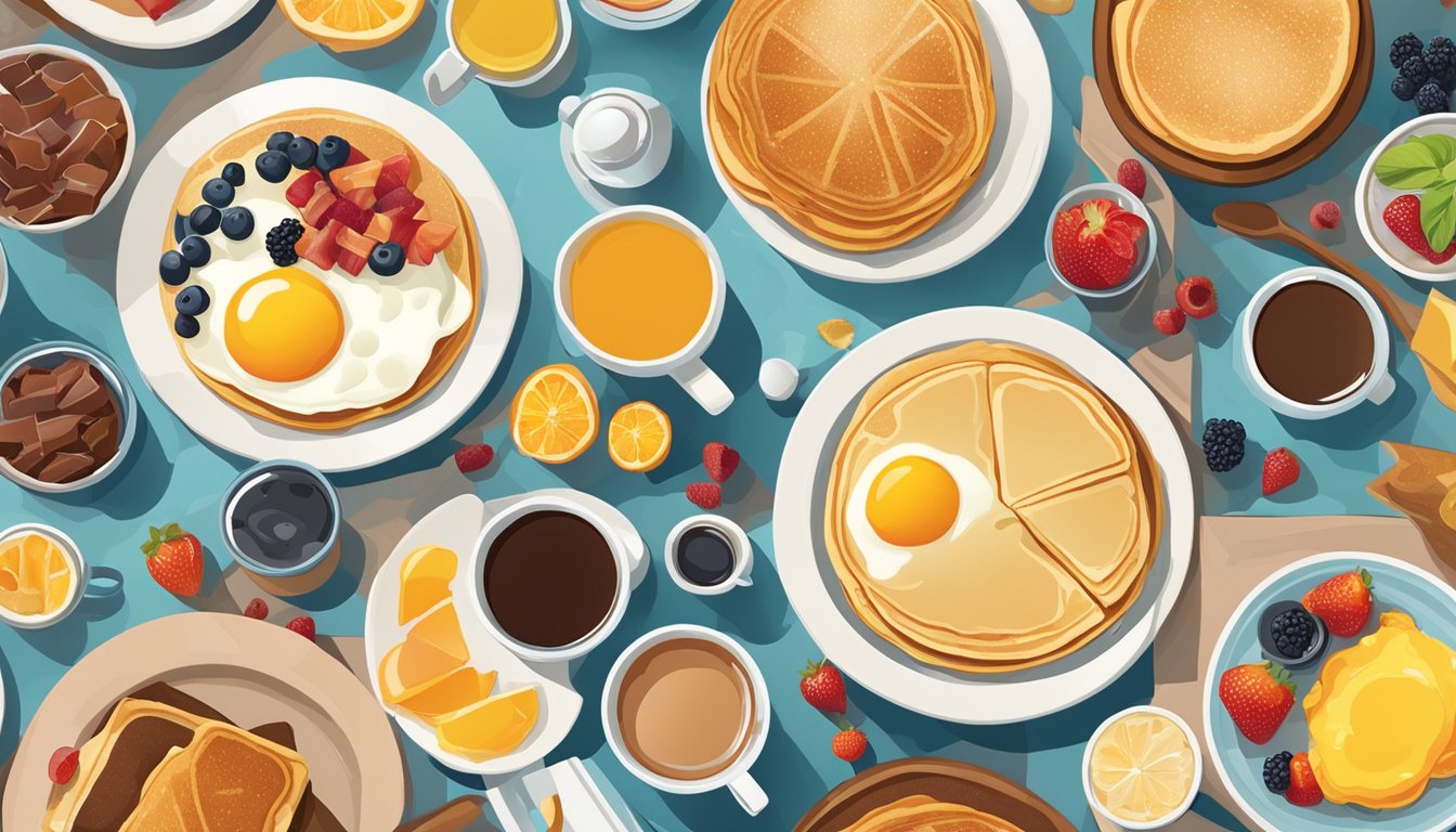 A colorful spread of breakfast items arranged on a table, including pancakes, eggs, bacon, fruit, and coffee. The scene is bright and inviting, with a mix of warm and cool tones