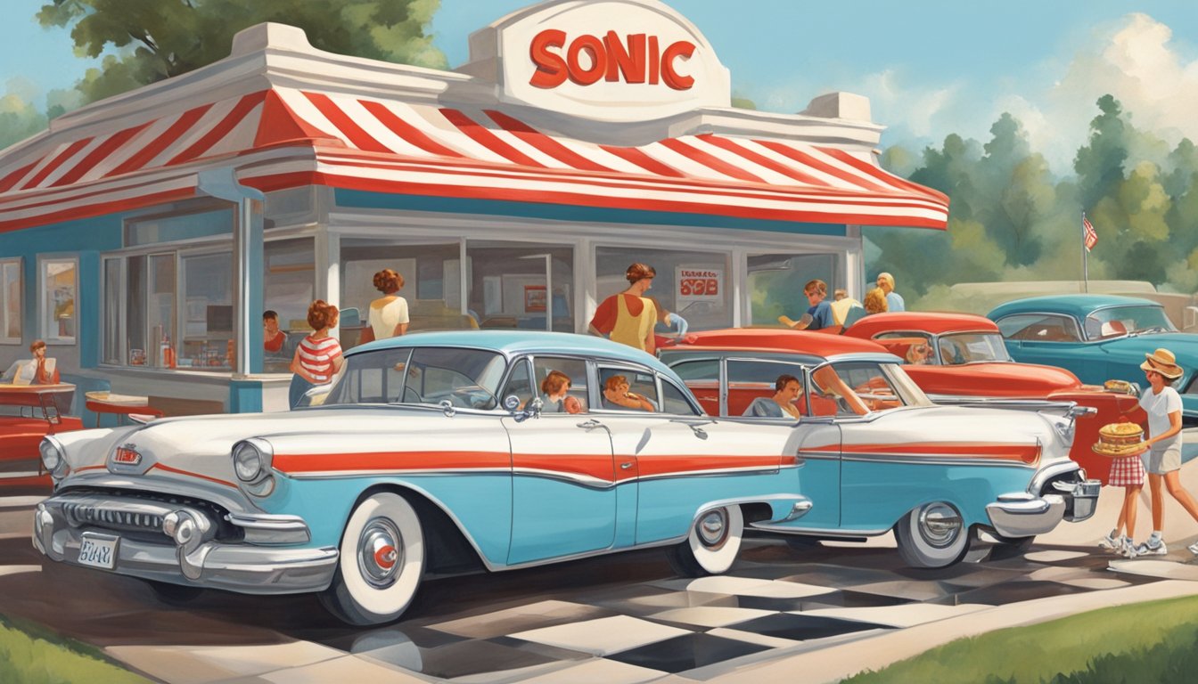 A vintage car parked at a Sonic Drive-In with a classic red and white striped awning. A family enjoys breakfast in their car while a waitress on roller skates delivers their food