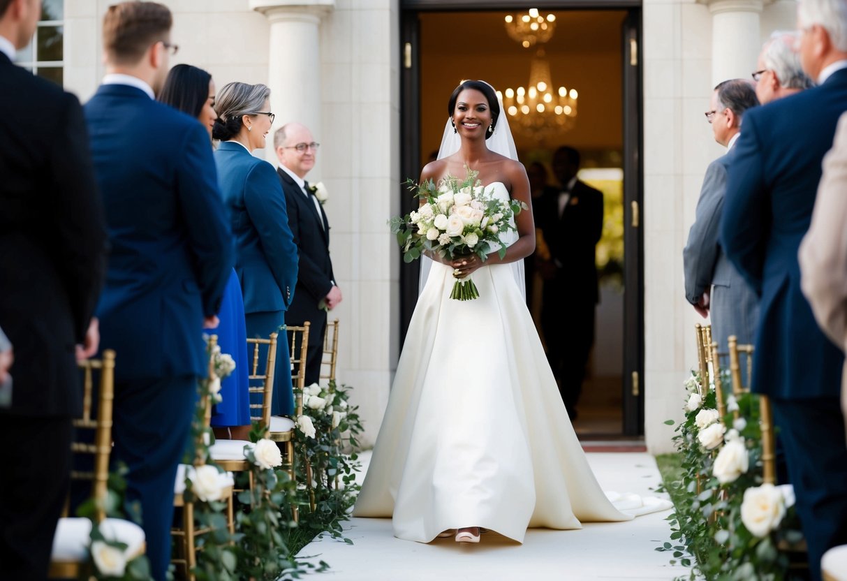 A figure in elegant attire walks down the aisle, carrying a bouquet and radiating confidence and grace