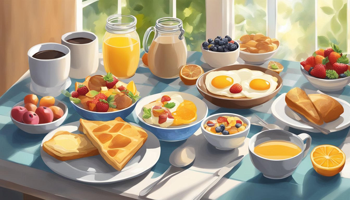 A colorful spread of breakfast items arranged on a table, with a warm, inviting atmosphere and natural lighting