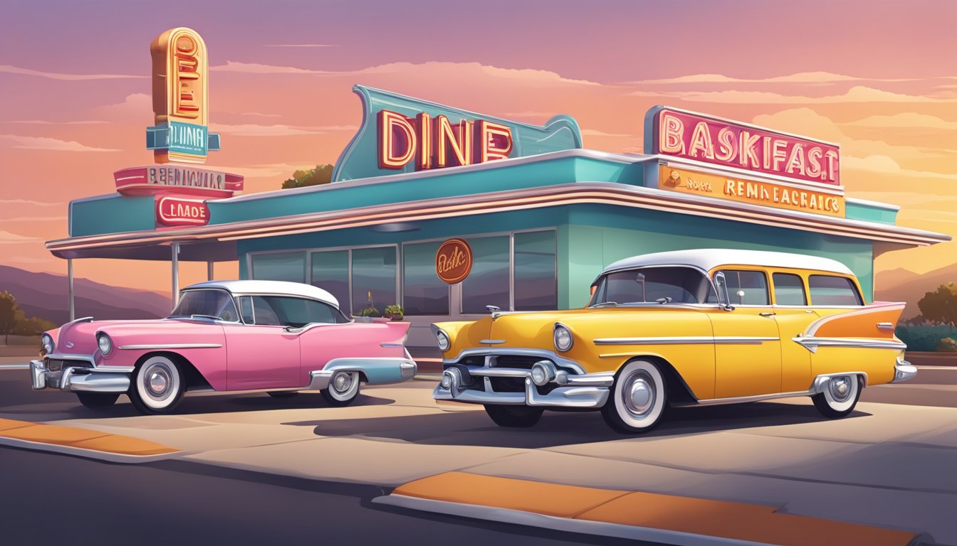 A classic American diner with a retro vibe, featuring a colorful breakfast menu and a backdrop of open roads and scenic landscapes