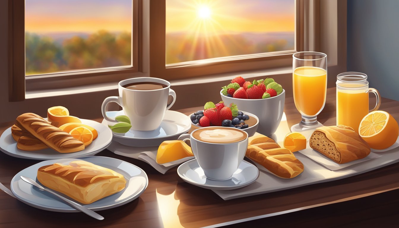 A table set with a variety of breakfast items, including coffee, pastries, and fresh fruit, with a background of a sunrise or morning light streaming through a window