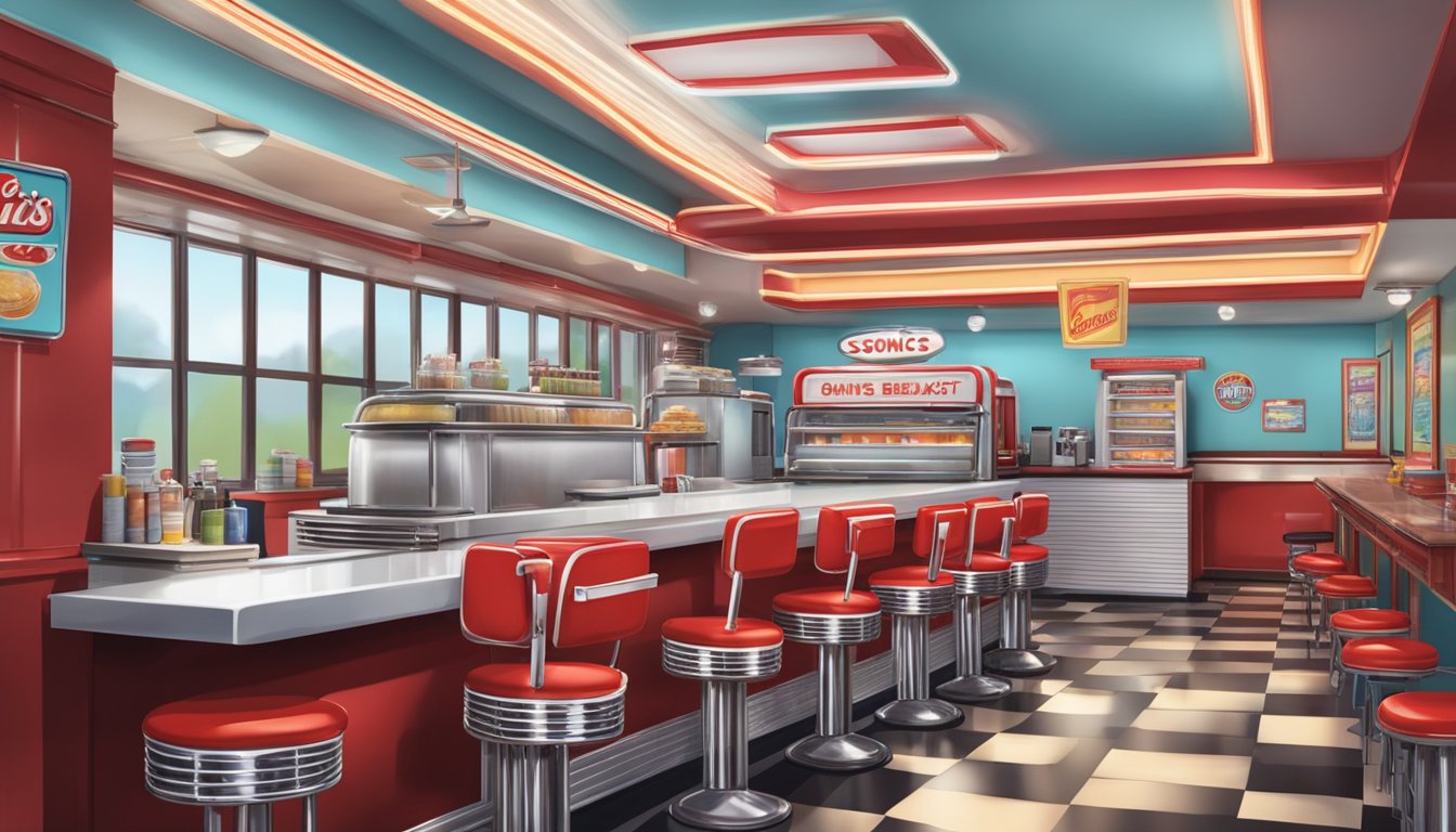 A vintage diner with a classic red and white exterior, a neon sign reading "Sonic's Breakfast," and a row of colorful barstools at the counter