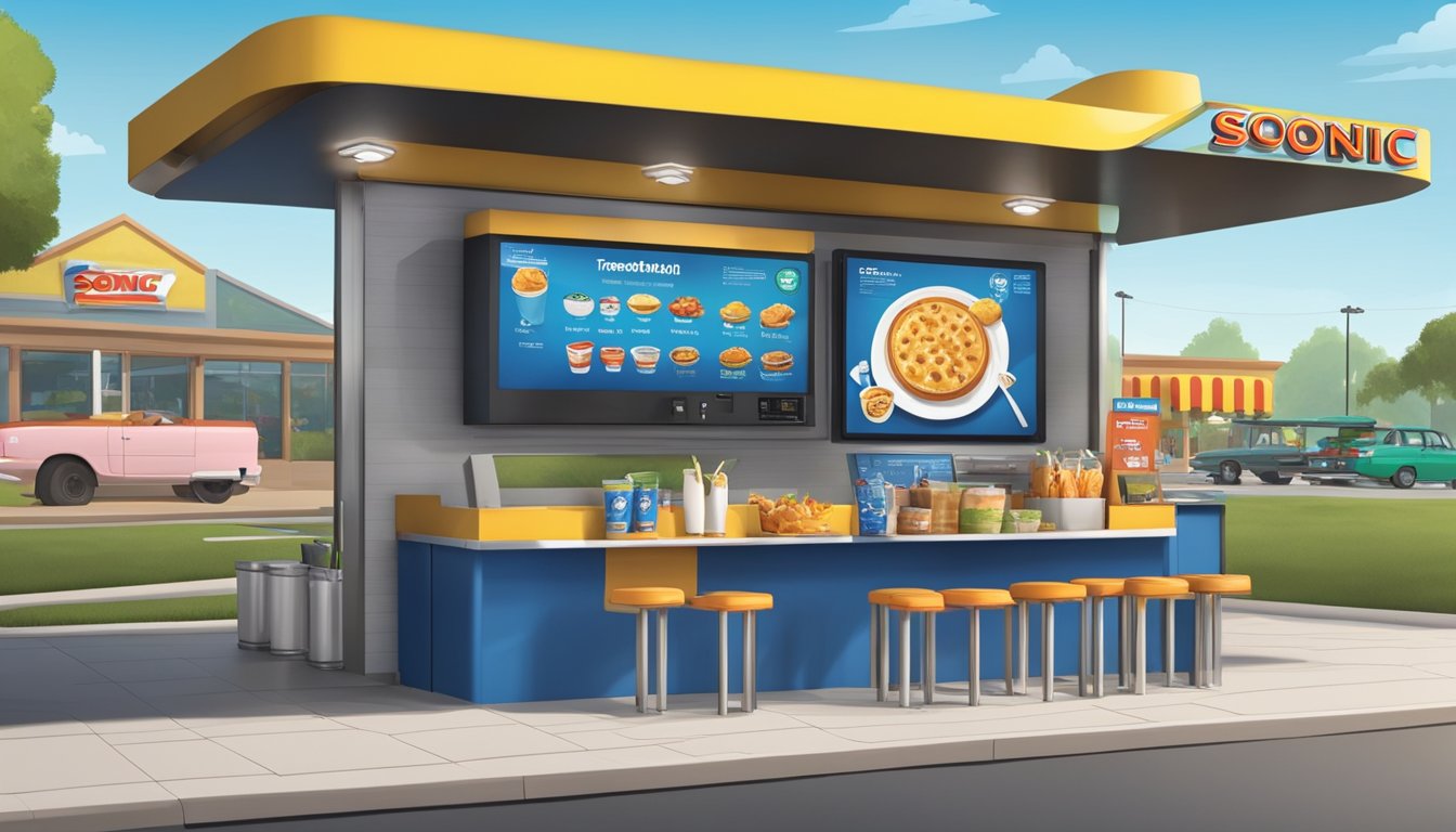 A drive-in car pulls up to a Sonic restaurant with a modern digital menu board displaying breakfast offerings. Customers provide feedback through an interactive kiosk