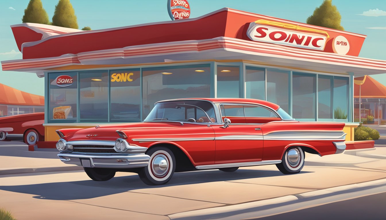 A classic red car parked at a Sonic drive-in with a tray of breakfast items on the window. A retro diner sign in the background