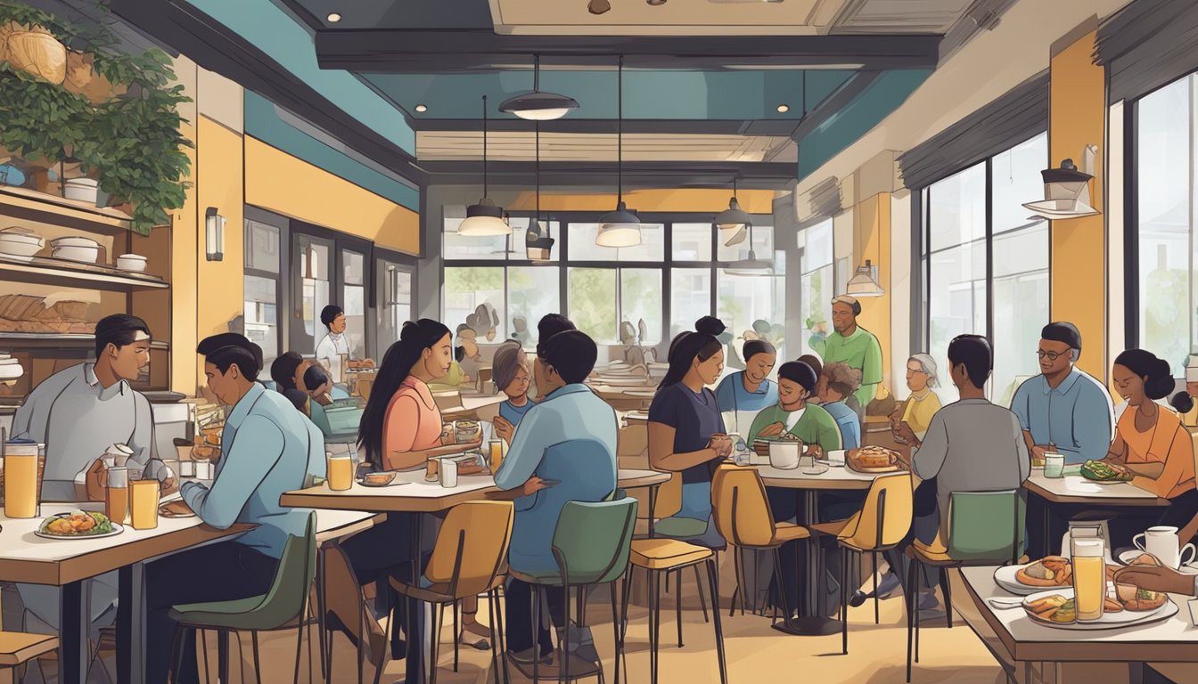 A bustling breakfast restaurant with a diverse group of customers providing feedback on their meals, while staff members take notes and make adjustments to the menu