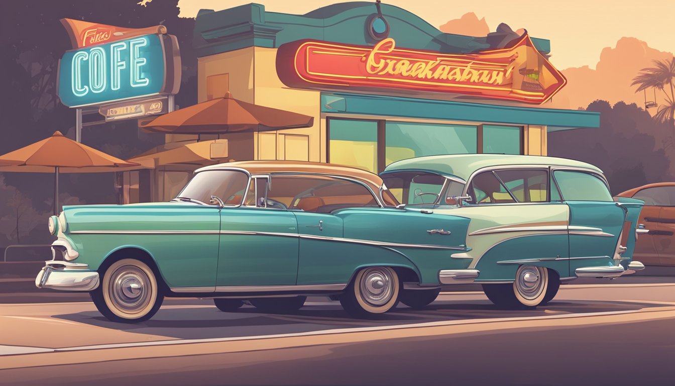 A steaming cup of coffee sits next to a fast food breakfast sandwich on a table, with a classic car parked outside and a retro drive-in sign in the background