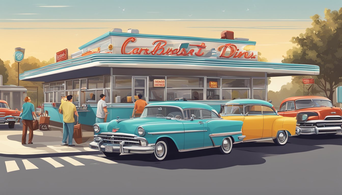 A classic American diner with a retro sign, carhops serving breakfast to customers in their cars, and a bustling parking lot