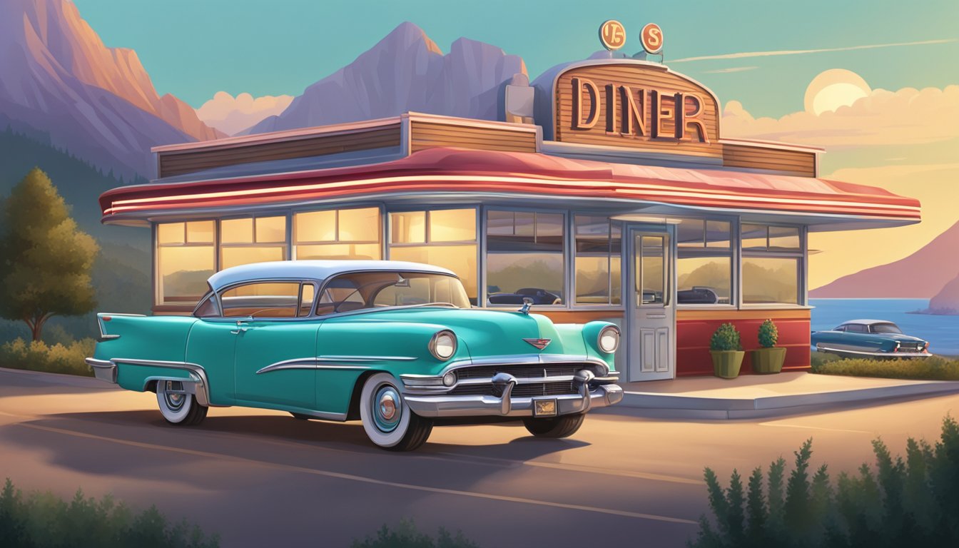 A vintage diner with a classic car parked outside, surrounded by a scenic American landscape