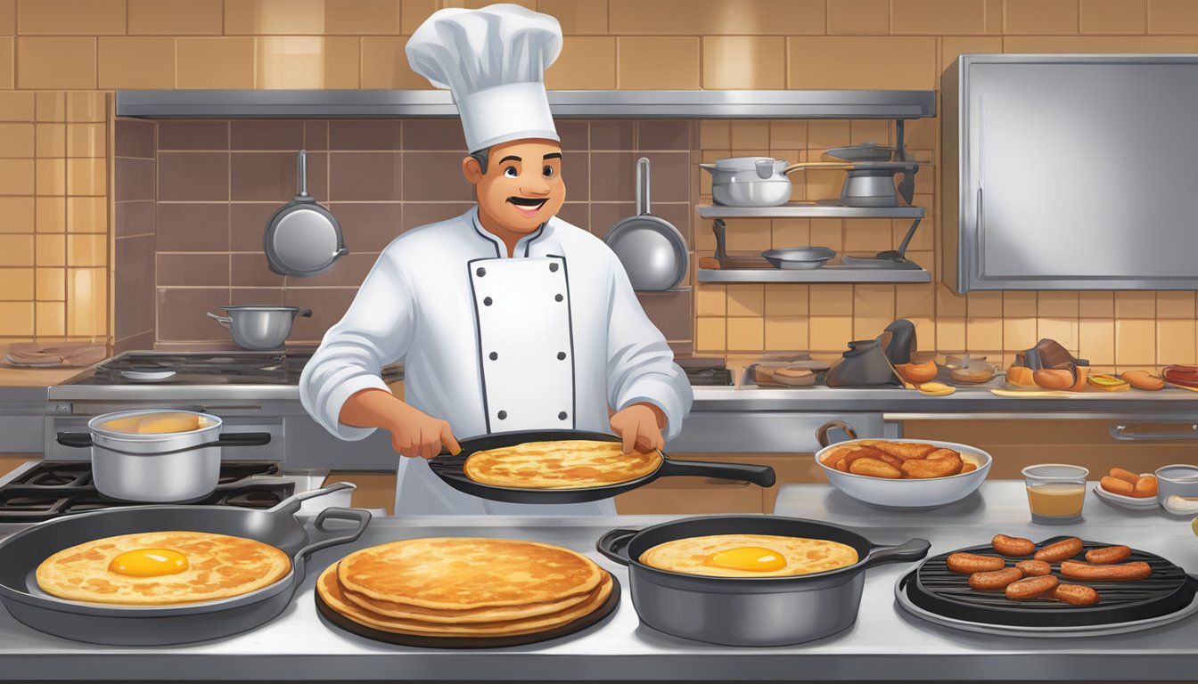 Fresh eggs crack into a sizzling pan, while fluffy pancake batter is poured onto a hot griddle. Bacon sizzles and sausage links brown, as a chef carefully prepares Sonic's breakfast items