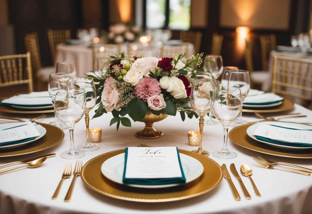 A beautifully decorated table with elegant place settings and floral centerpieces