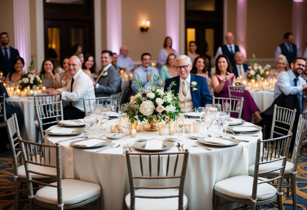 The parents' table at the wedding reception, adorned with elegant place settings and floral centerpieces, sits prominently in the center of the room, surrounded by tables filled with joyful guests