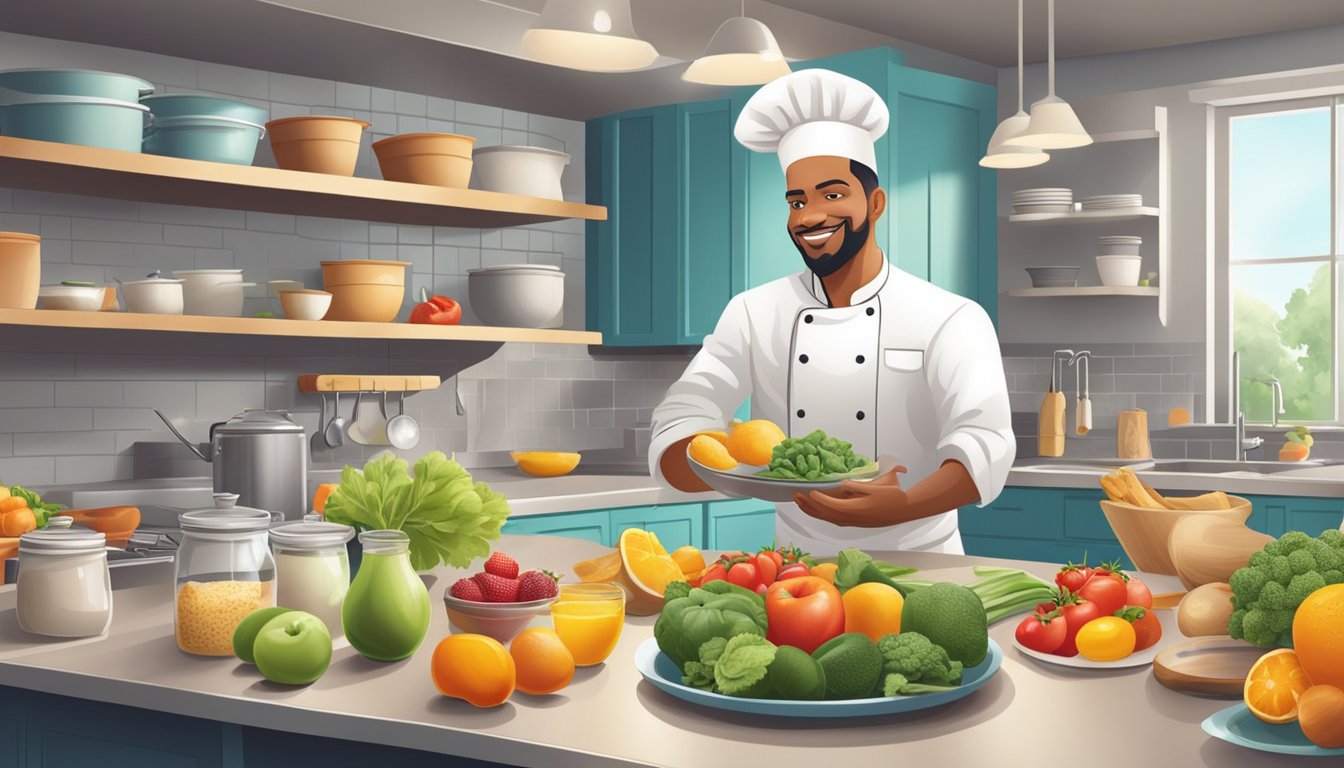 A chef carefully selects fresh ingredients and prepares a variety of nutritious breakfast items in a clean, organized kitchen