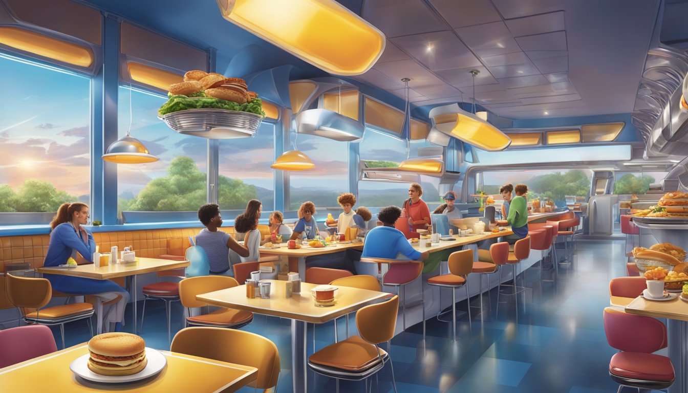 A bustling diner with classic breakfast items on one side and futuristic, innovative dishes on the other, showcasing Sonic's evolution in its breakfast menu