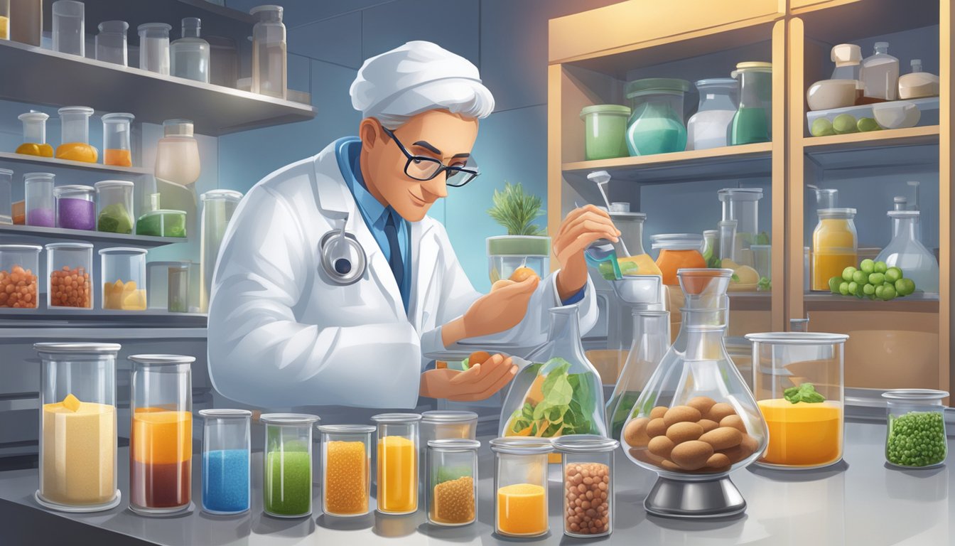 A scientist in a lab coat selects various ingredients and equipment for preparing Sonic's breakfast menu. Beakers, test tubes, and food items are neatly arranged on a counter