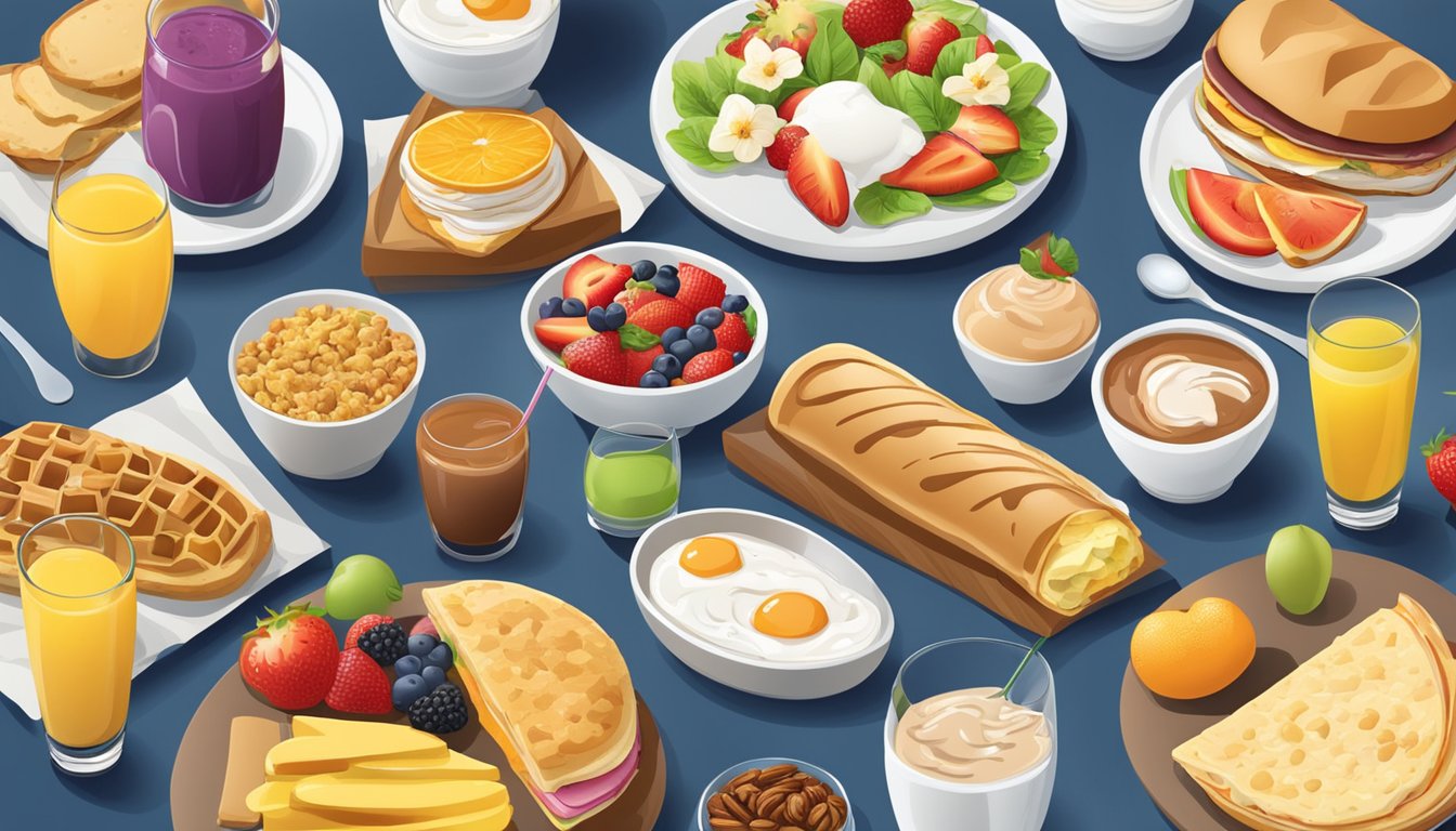 A table with a variety of breakfast options, including fresh fruit, yogurt, granola, and smoothies, alongside traditional fast food items like breakfast sandwiches and burritos