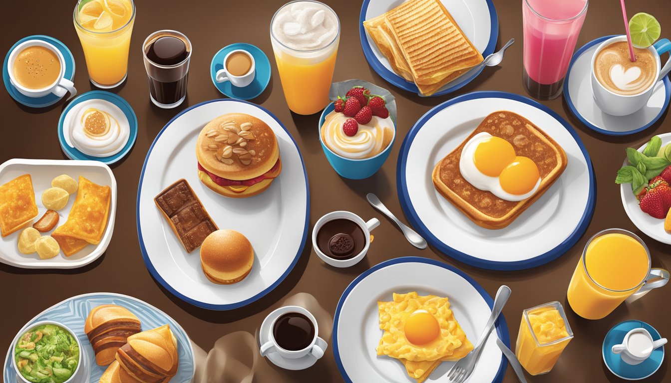 A breakfast table set with a variety of hot and cold beverages, including coffee, tea, and juice, alongside classic and innovative breakfast items from Sonic's menu