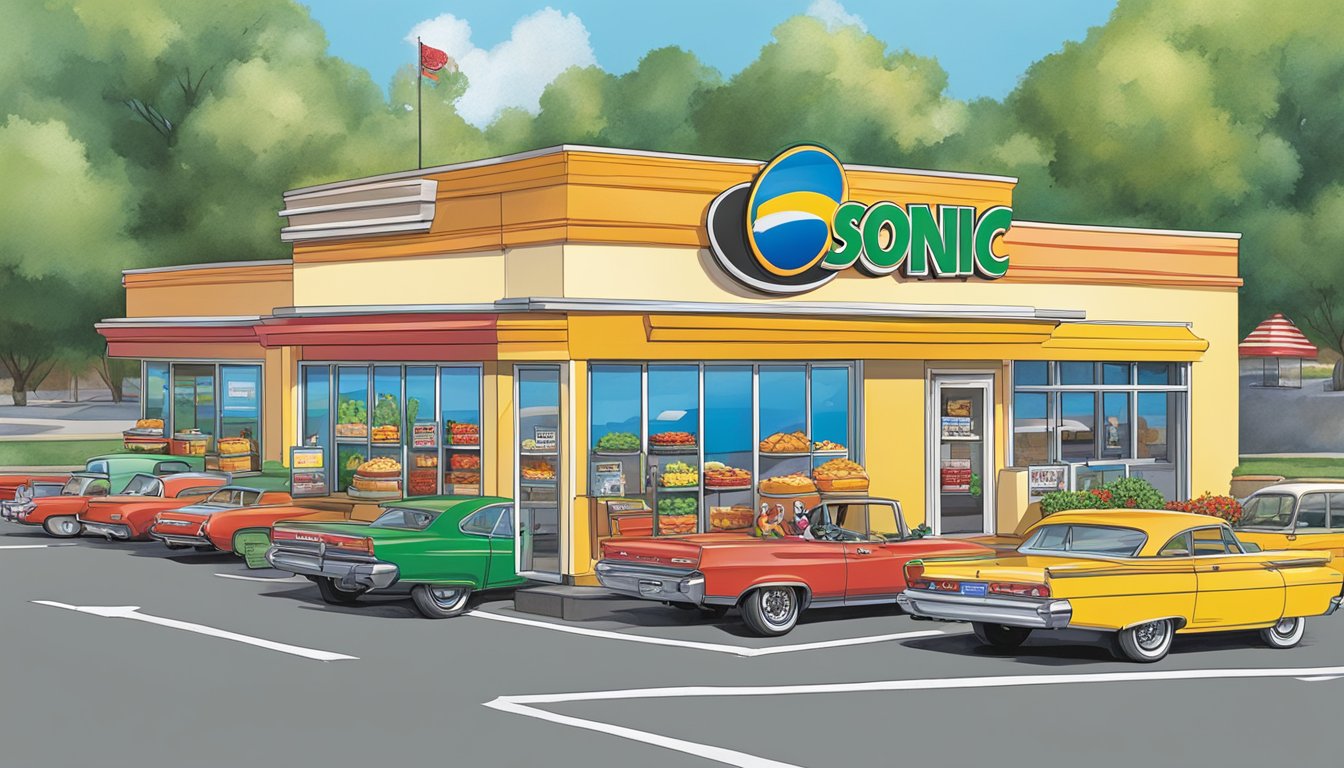 A bustling breakfast drive-thru with colorful menu boards and a variety of healthy options displayed alongside classic Sonic favorites