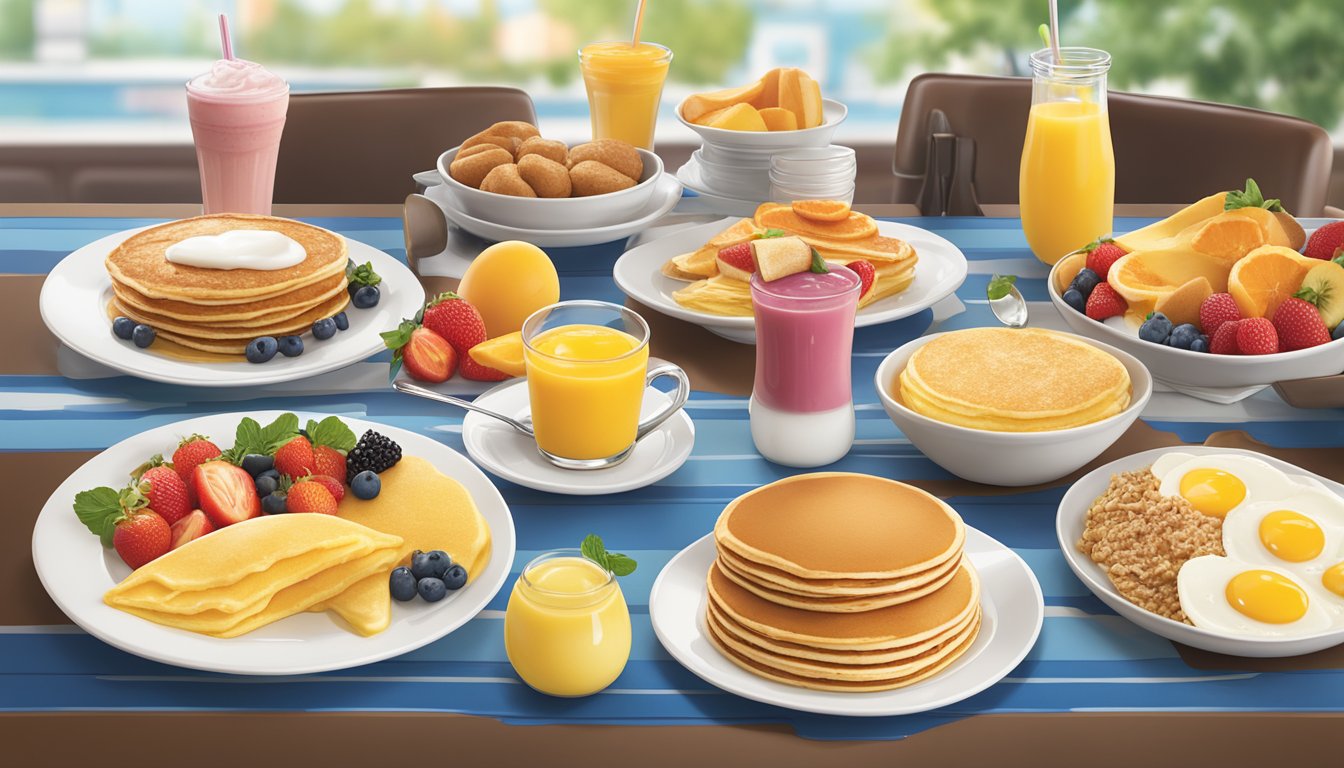 A breakfast table with a mix of classic and modern dishes, including pancakes, eggs, fruit, and smoothies, showcasing Sonic's balanced menu options