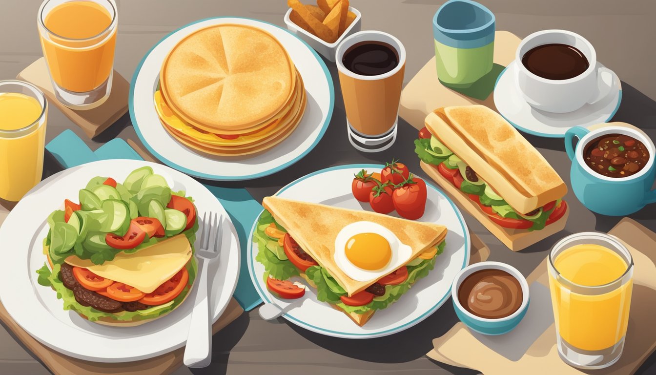 A colorful array of breakfast items arranged on a table, including sandwiches, burritos, and drinks, with a focus on fresh ingredients and nutritional information displayed prominently