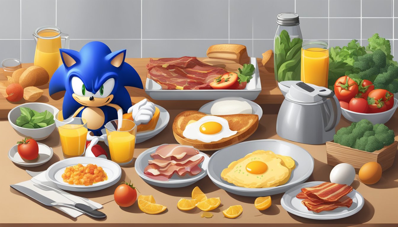 Sonic's breakfast ingredients arranged on a kitchen counter, with a toaster, eggs, bacon, and a variety of fresh fruits and vegetables