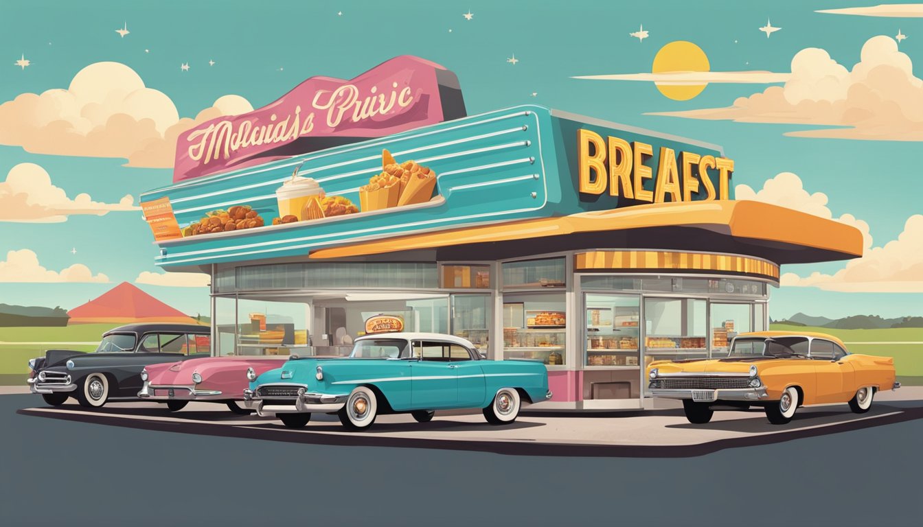 A retro-style drive-in with modern technology, featuring a menu board showcasing a mix of classic breakfast items and innovative new offerings