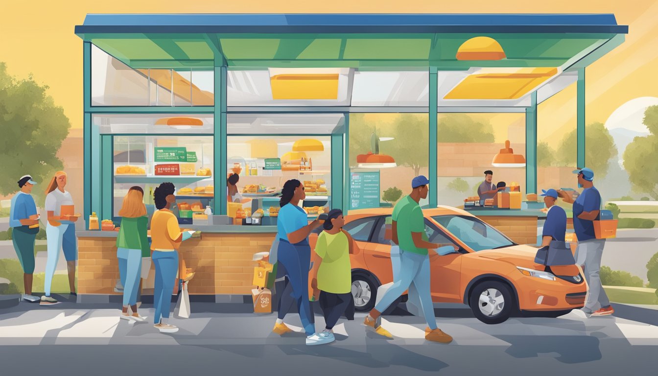 A bustling Sonic drive-thru with a diverse range of customers ordering breakfast items, including healthy options influenced by current health trends