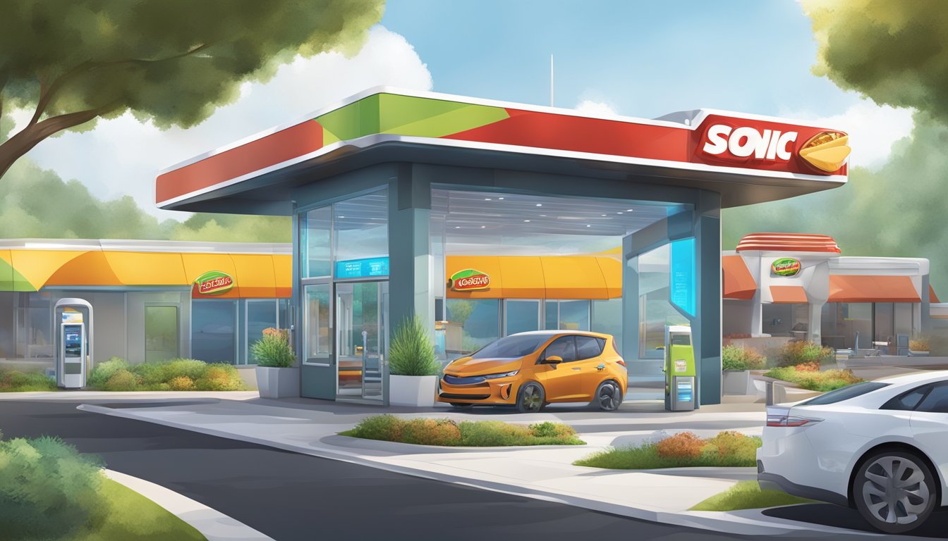 A futuristic Sonic drive-thru with sleek, modern architecture and a menu featuring fresh, organic breakfast options alongside traditional fast-food items