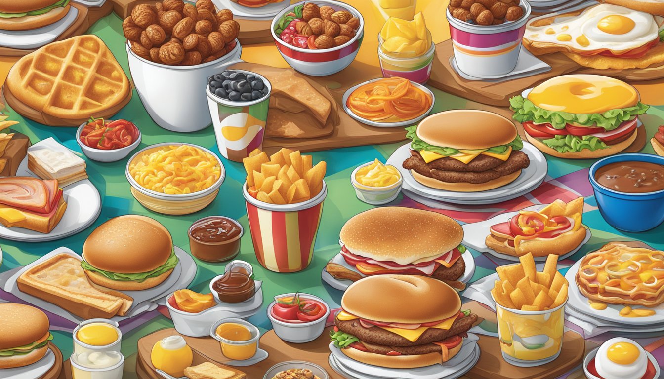 A vibrant illustration of Sonic's breakfast items merging with iconic brands, showcasing a dynamic evolution of the menu