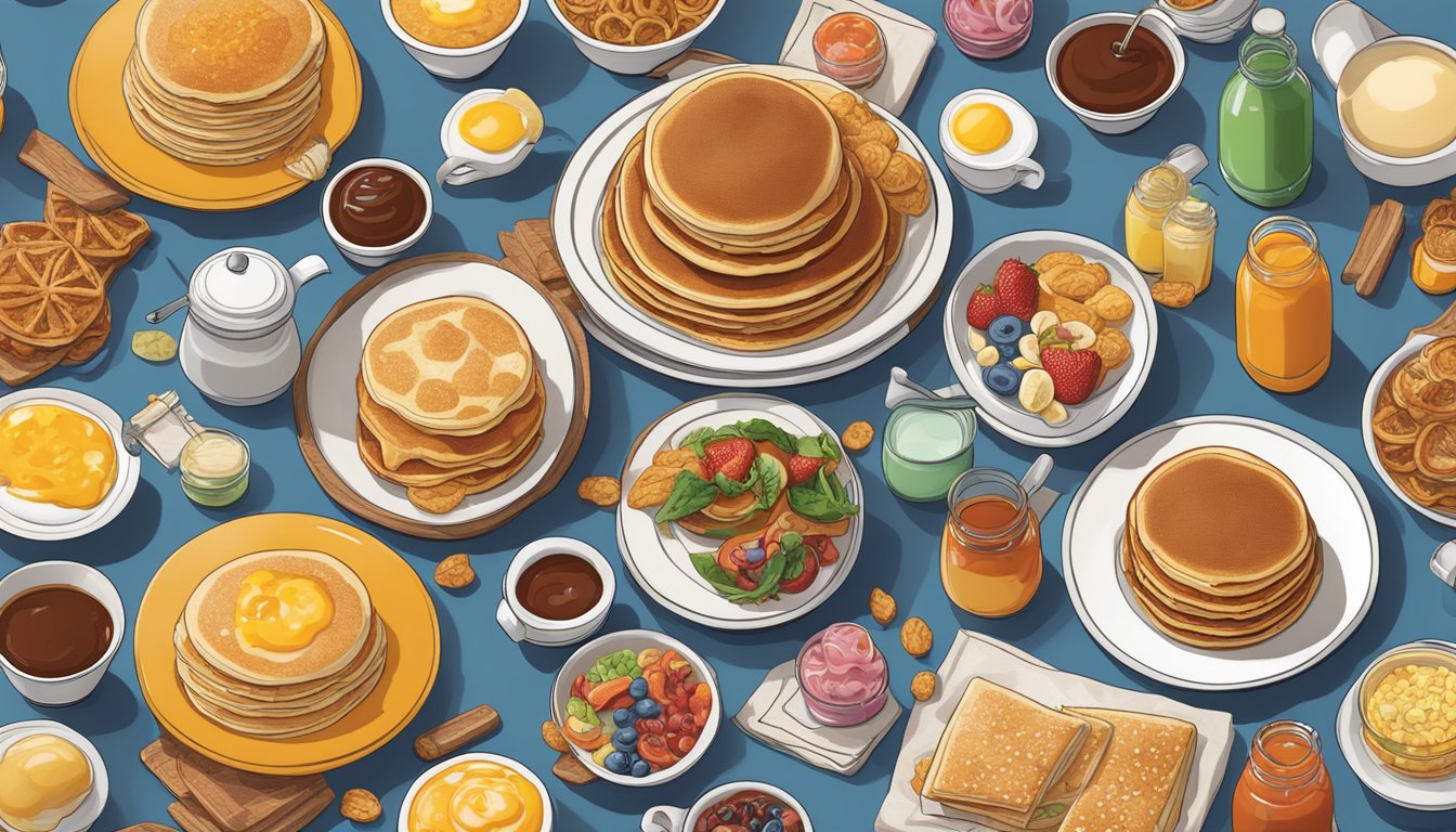 A table set with a variety of breakfast items, each featuring a different brand collaboration, such as a pancake stack with a popular cereal topping and a breakfast sandwich with a well-known hot sauce