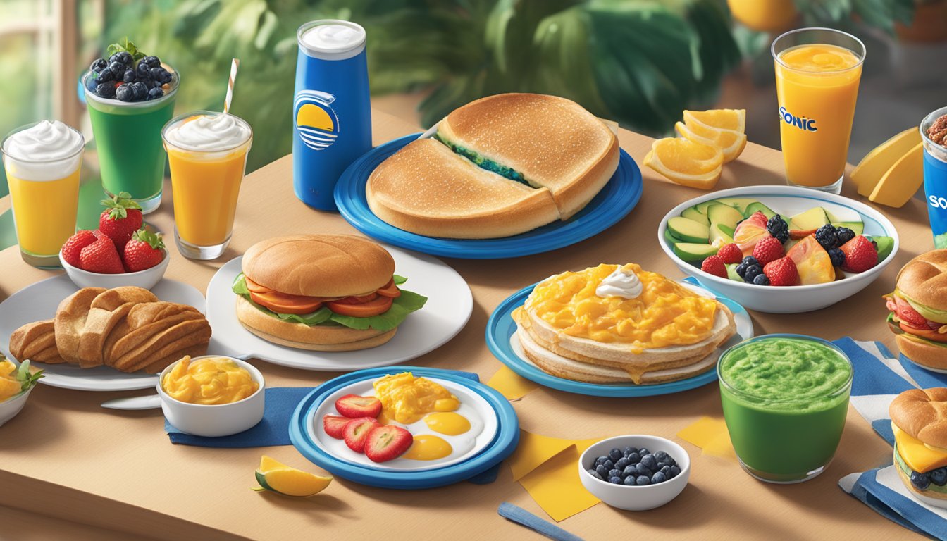 A vibrant breakfast spread featuring Sonic's signature items alongside branded products from collaborating companies