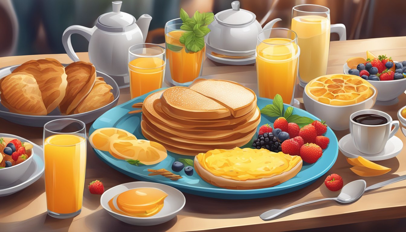 A vibrant, dynamic breakfast scene with a variety of food items and beverages arranged in an appealing and appetizing manner