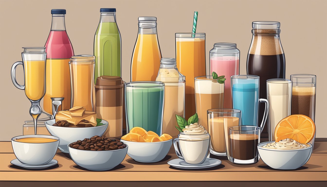 A table with a variety of breakfast beverages from different brands, including coffee, juice, and smoothies, arranged in an inviting display