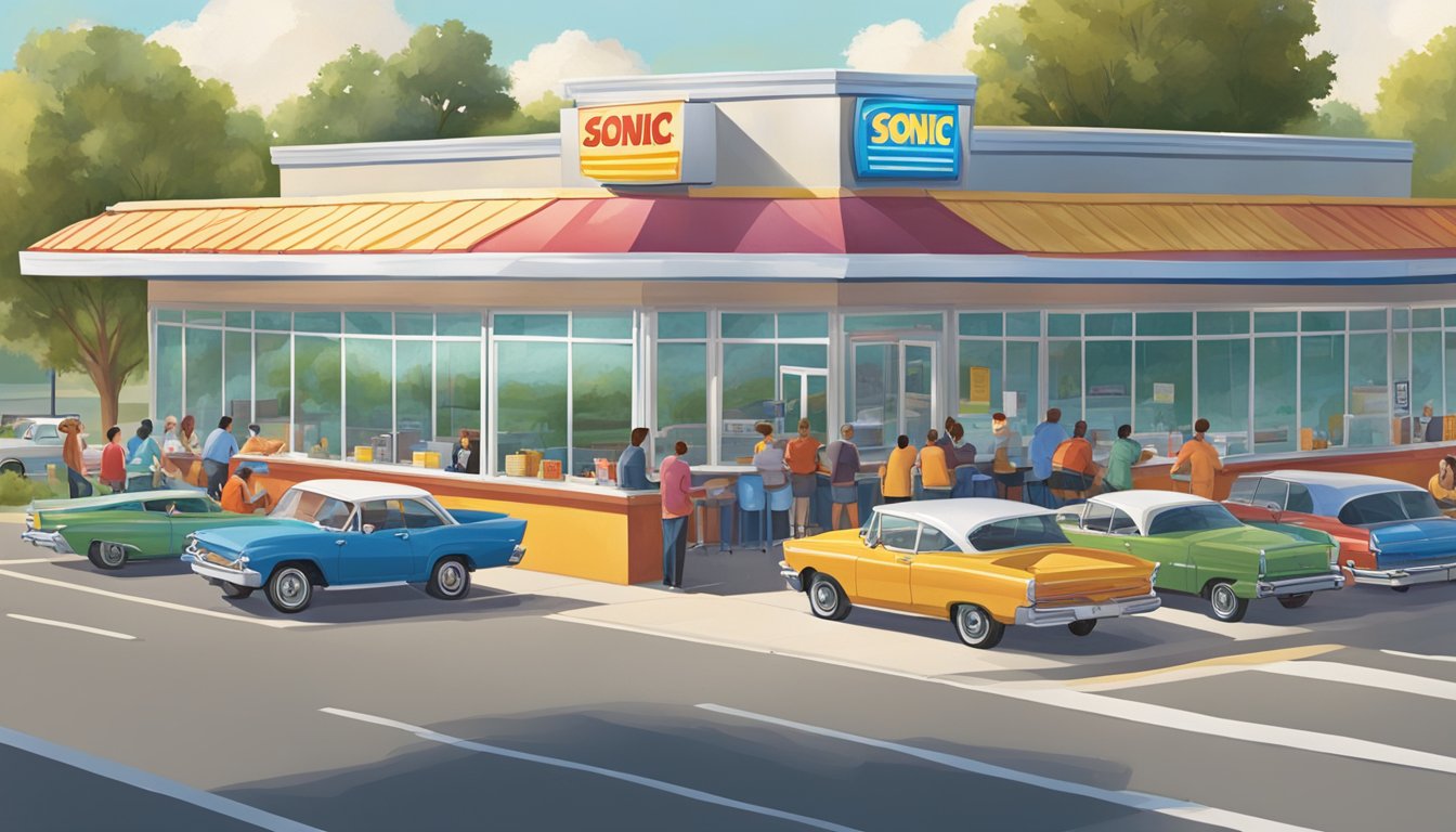 A bustling breakfast scene at Sonic drive-in, with a line of cars wrapped around the building and a diverse group of customers enjoying their morning meals