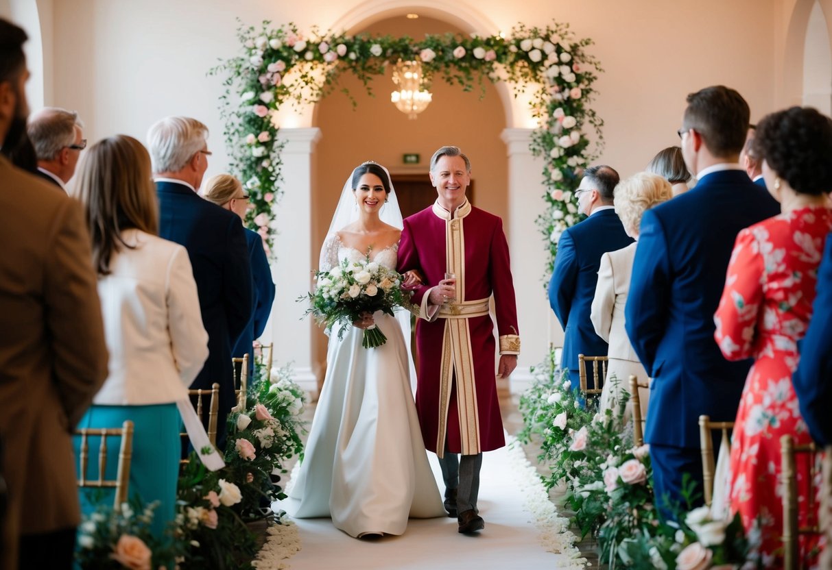 A figure leads the bride down the aisle, surrounded by flowers and soft lighting
