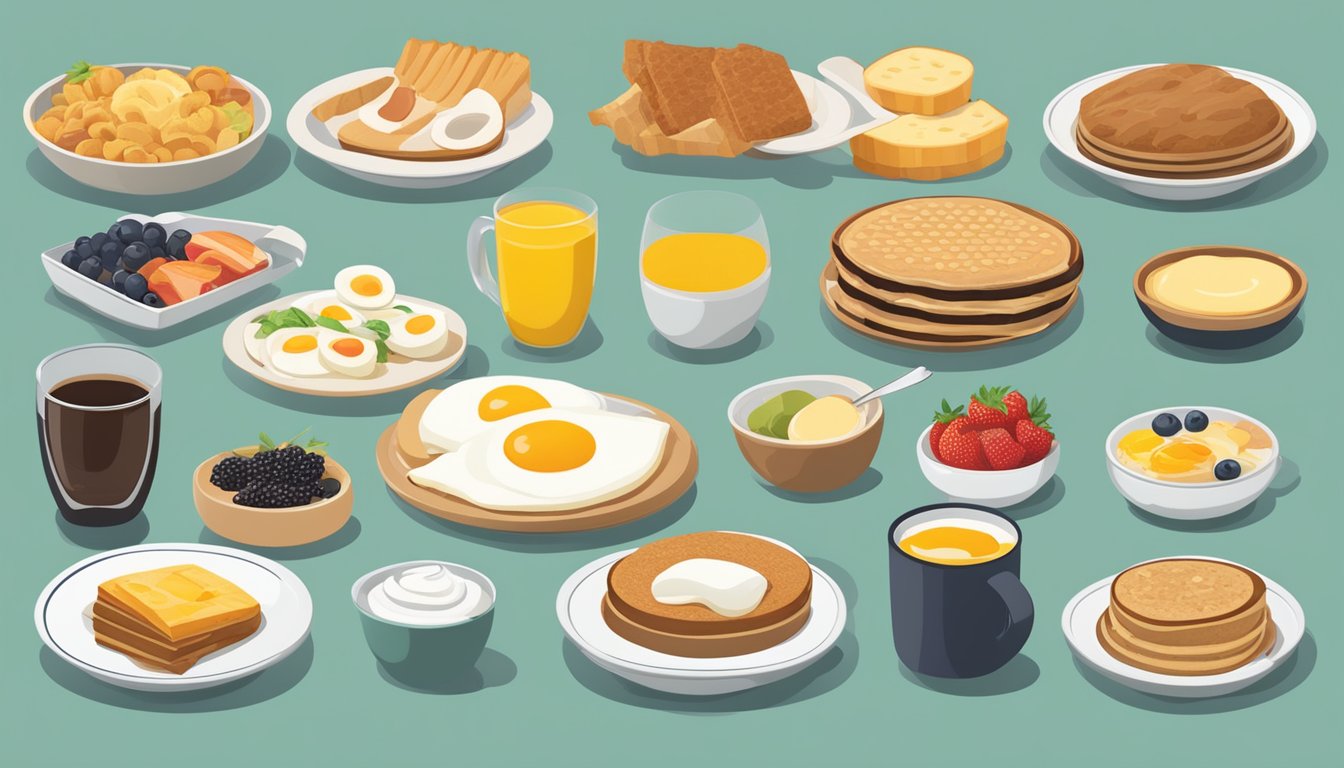 A table filled with various breakfast items from different brands, with their nutritional information displayed alongside