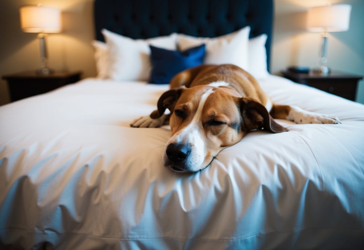 A loyal dog sleeps at the foot of the groom's bed the night before the wedding