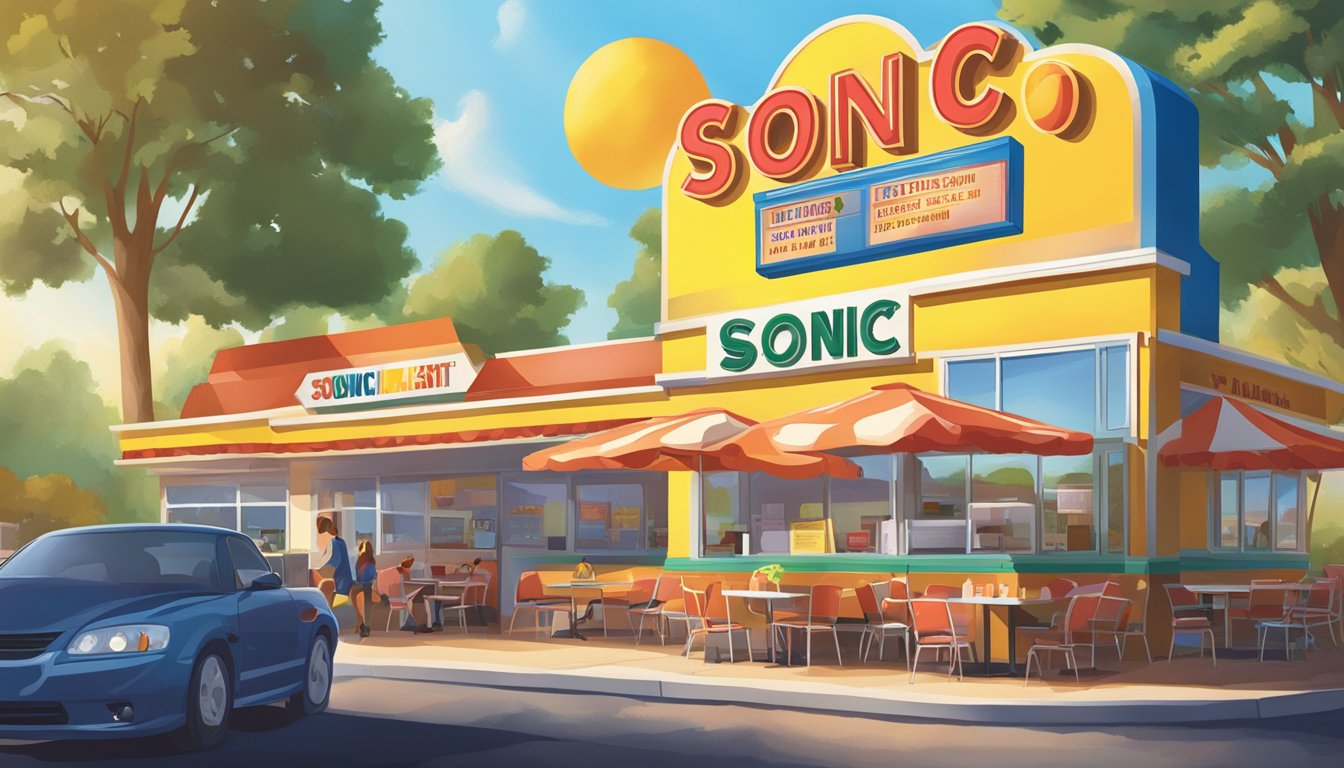 A bustling Sonic drive-in with morning sunlight, featuring a colorful breakfast menu board and a sign announcing extended breakfast hours