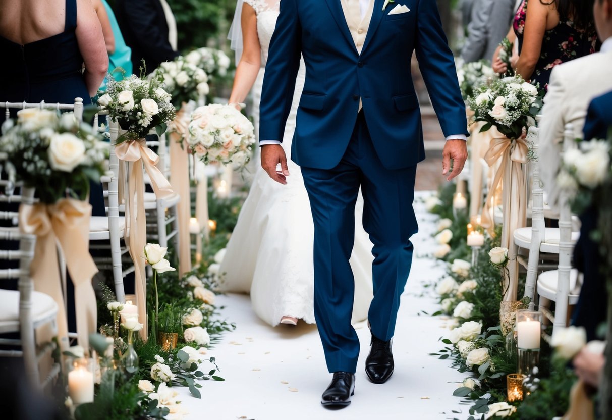 A figure in formal attire leads the bride down the aisle, with flowers and decorative elements lining the path