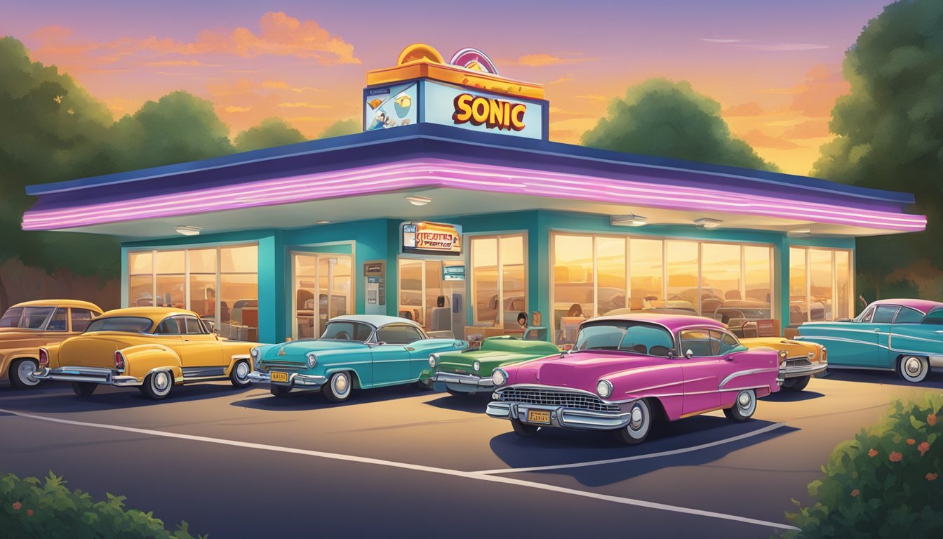 A sunrise over a Sonic drive-in with a clock showing extended breakfast hours, while customers line up in their cars