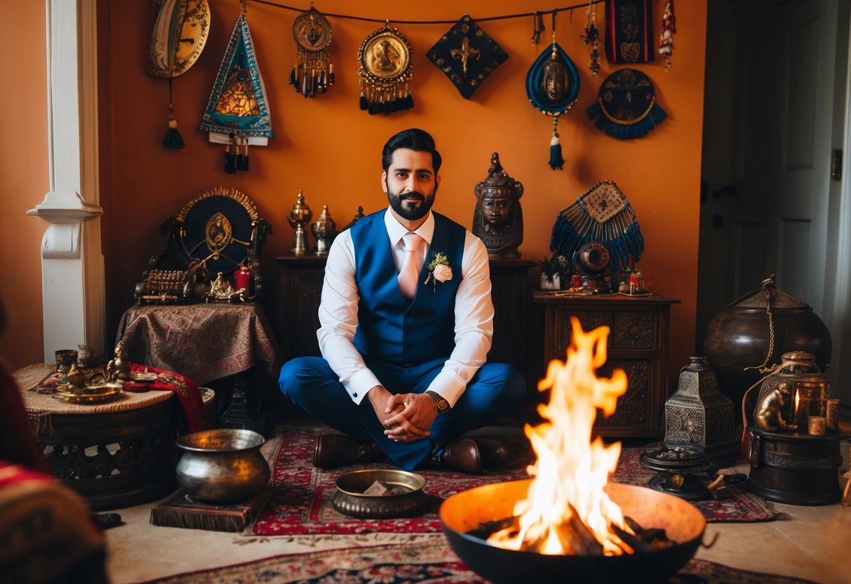 A groom sits by a flickering fire, surrounded by ancestral artifacts and symbols of tradition, preparing for the next day's wedding