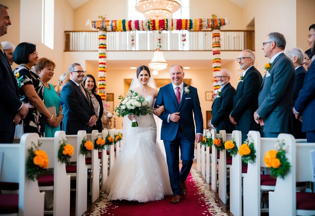 A bride is led down the aisle by a family member or close friend, surrounded by cultural symbols and decorations