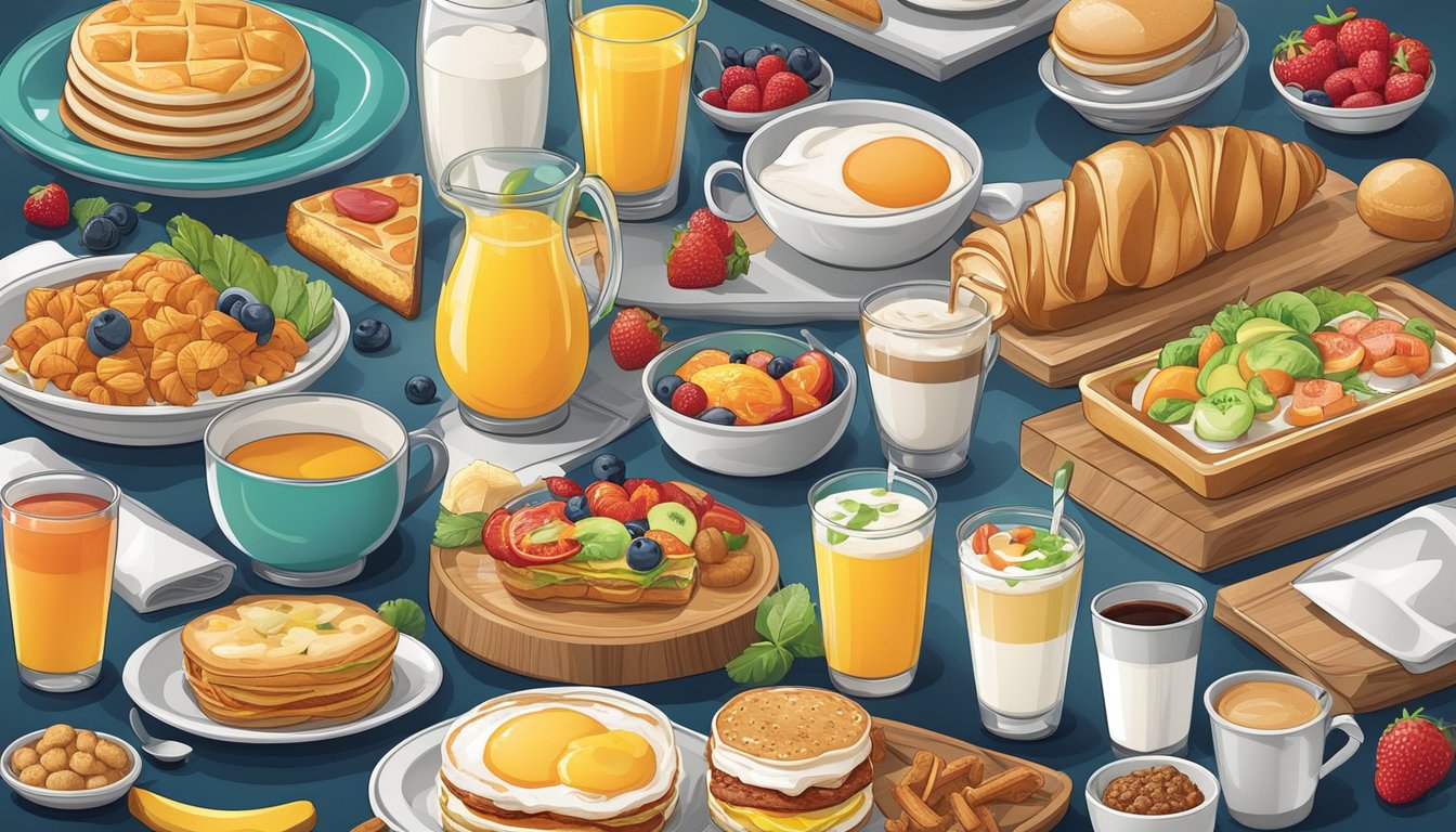 A colorful array of breakfast items displayed on a modern, sleek menu board with vibrant graphics and enticing food illustrations