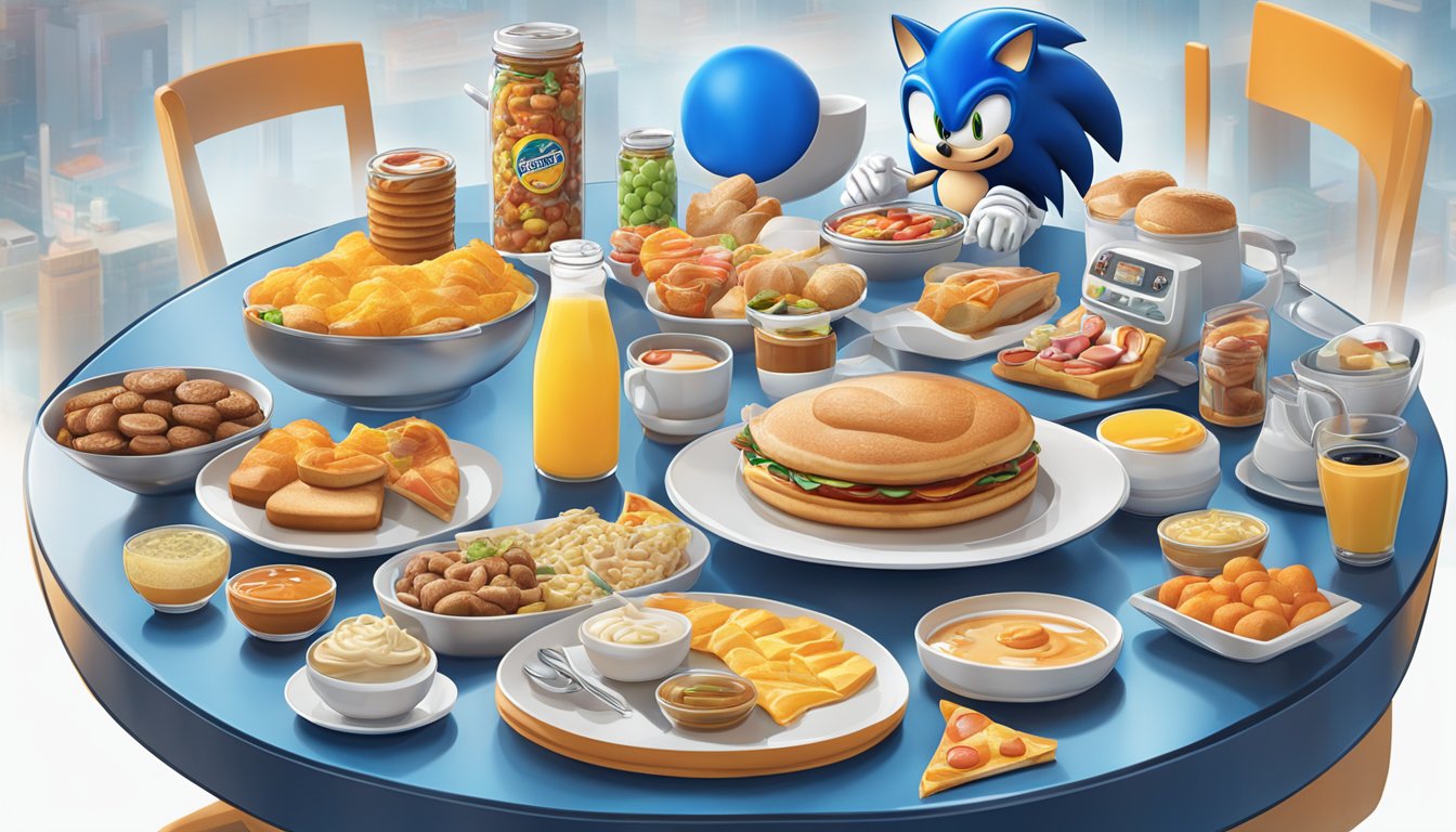 A futuristic breakfast table surrounded by various branded food products and Sonic the Hedgehog-themed items