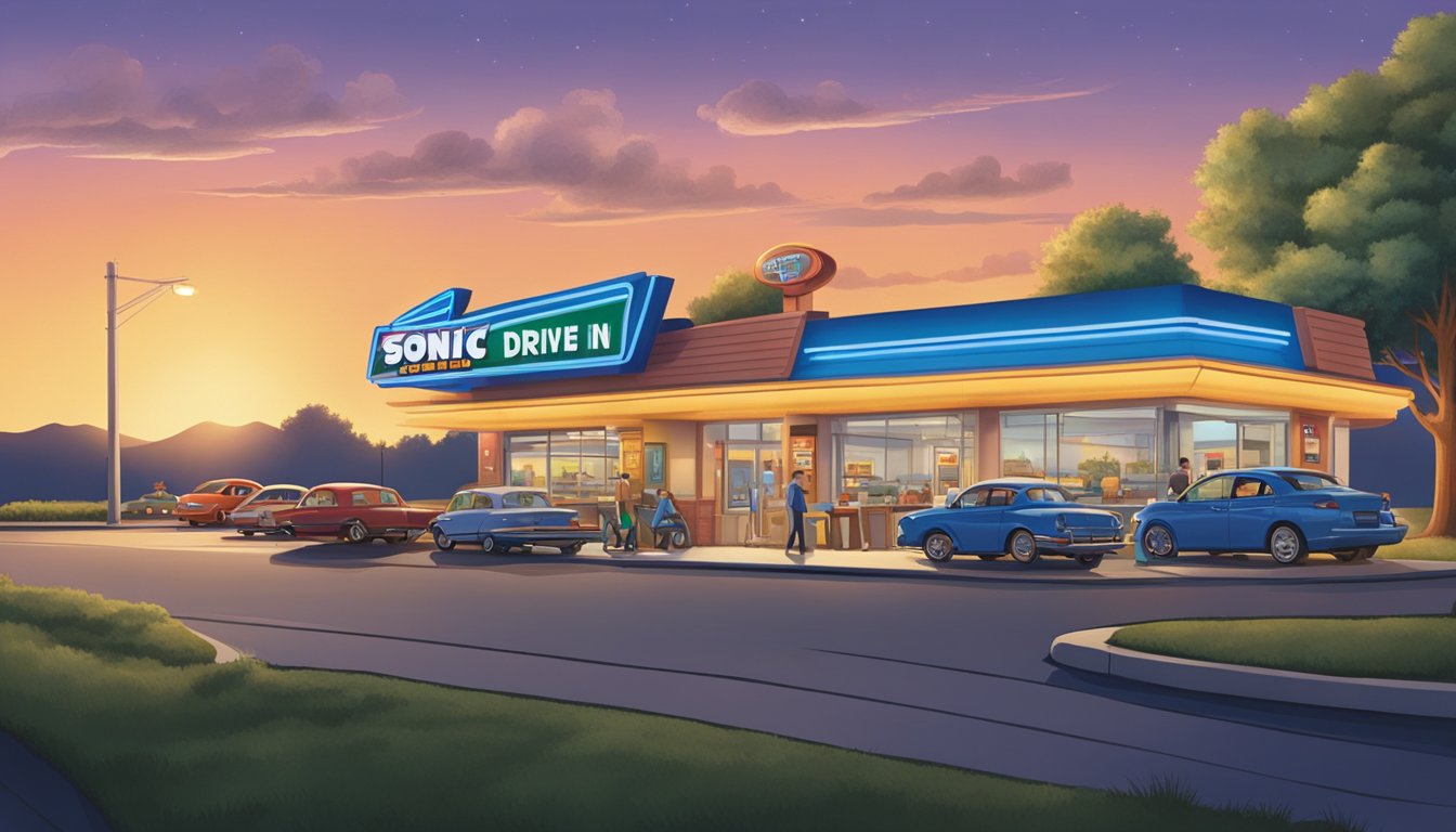 Sonic drive-in sign illuminated at dawn, with a line of cars waiting at the drive-thru. Staff setting up outdoor seating area for breakfast hours extension